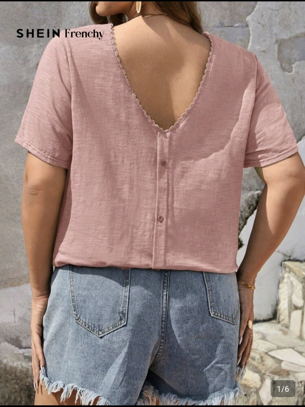 Shein Frenchy Vneck Cotton Lace Trim Faux Button Detail Size 0XL Pink
